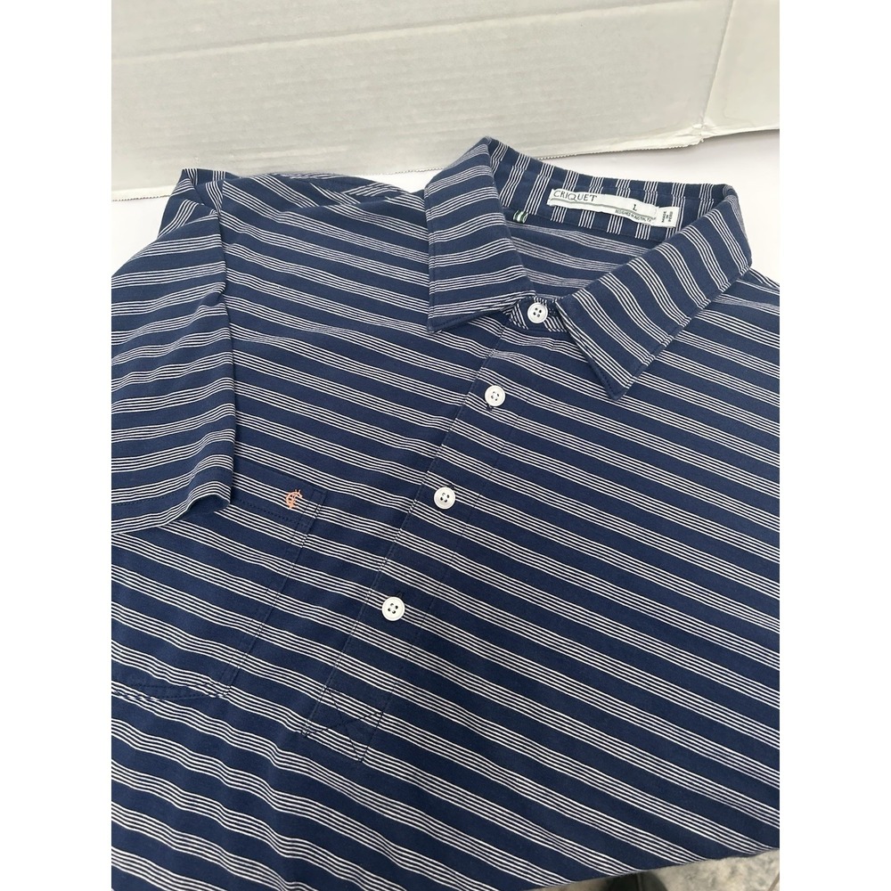 Criquet Navy White Striped Pima Cotton Stretch Polo Shirt‎ Size Large